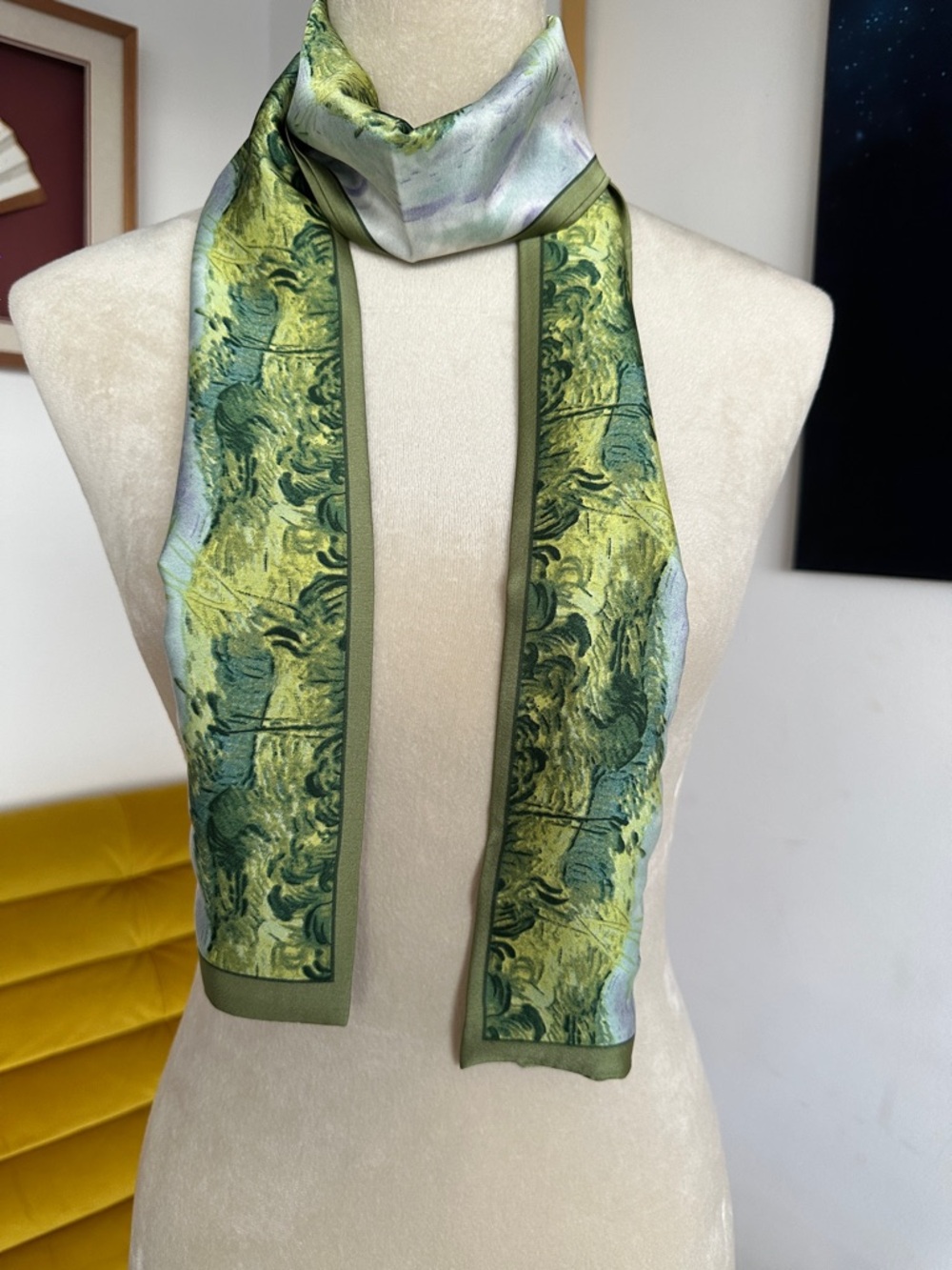 Green Abstract Scarf Double Sided Long Skinny Silk-Like Neck Scarf NWOT